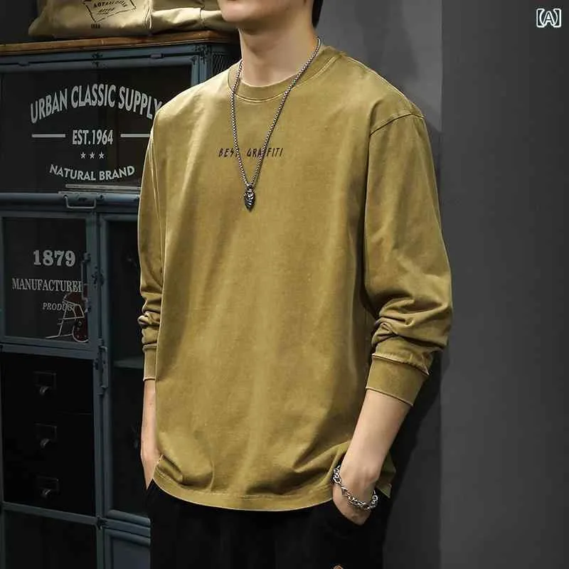 Tシャツ 男性用 長袖 ゆったり 大きめ 秋用 クルーネック 落肩袖 プリント コットン UVカット 日常使い ブラウン ブラック トップス ベースレイヤー
