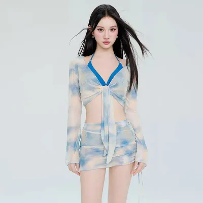 水着 レディース セパレート 三点セット 腹カバー スリム 胸寄せ 小胸対応 ポリエステル 無袖 三角ボトム セクシー 夏用 プール 温泉 ブルー グリーン 接触冷感 吸湿速乾
