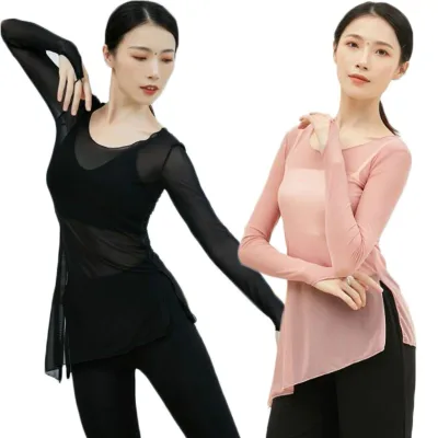 透け透けTシャツ ダンストップス レディース ロング丈 シースルー 長袖 指穴付き ダンスウェア ヨガ服 練習着 細見え 11色 ダンス衣装 ブラウス 透明感 夏練習着 リラックスヨガ お家ヨガ