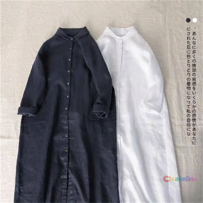 ゆった 大きいサイズ ロング丈 体型カバー レディース ワンピース バンドカラー コットン リネン 長袖 秋 春 シャツワンピース