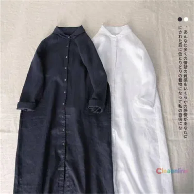 ゆった 大きいサイズ ロング丈 体型カバー レディース ワンピース バンドカラー コットン リネン 長袖 秋 春 シャツワンピース