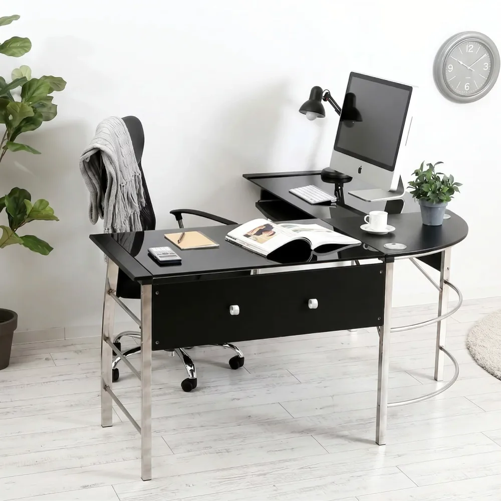 Computer Desk Stylish Cheap Scandinavian Simple Office L-shaped Corner L-Shaped Storage Wide Gaming Glass Black Office Desk Computer Rack Work Desk Office Desk Approx. Width 155