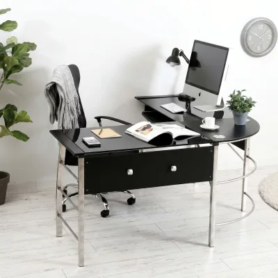 Computer Desk Stylish Cheap Scandinavian Simple Office L-shaped Corner L-Shaped Storage Wide Gaming Glass Black Office Desk Computer Rack Work Desk Office Desk Approx. Width 155