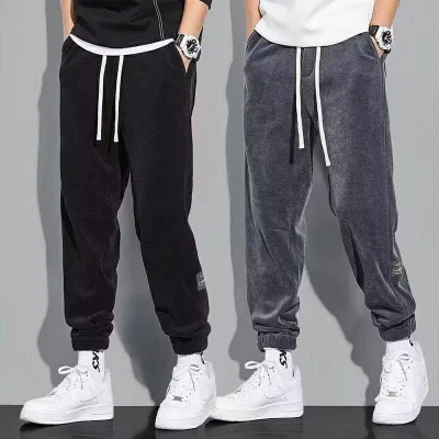 Men's brushed lining pants, jogger pants, cold protection, windproof bottoms, casual corduroy pants, sweatpants, beautiful legs, large size, loose, boa lining