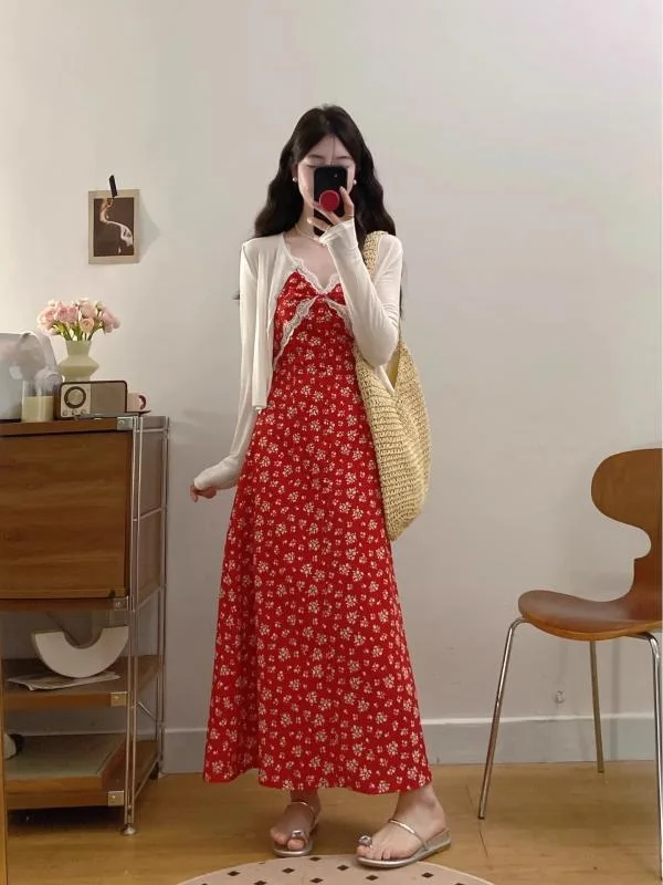 キャミソールワンピース レディース 花柄 レッド ロング丈 フレアシルエット シンプルベーシックスタンダードナチュラルカジュアル普段使い定番