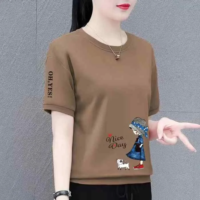 レディース Tシャツ 短袖 コットン ゆったり スリム 効果 プリント 柄 クルーネック 夏 カジュアル 普段使い トップス スタイリッシュ