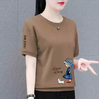レディース Tシャツ 短袖 コットン ゆったり スリム 効果 プリント 柄 クルーネック 夏 カジュアル 普段使い トップス スタイリッシュ