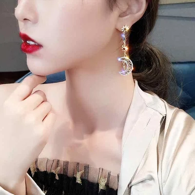 イヤリング レディース アシンメトリー 星 月 モチーフ 925 シルバー ロング 韓国 スタイル ピアス ドロップ アクセサリー コーディネート しやすい 上品 デイリー 使い 軽量 タイプ