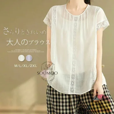 ブラウス レディース シャツ シャツブラウス チュニック チュニックブラウス プルオーバー 綿麻風 tシャツ 大きいサイズ トップス ショート丈 クルーネック 無地 透け感 刺繍 薄手 大人可愛い 体型カバー 着痩せ カジュアル ナチュラル 夏 パープル 白 送料無料