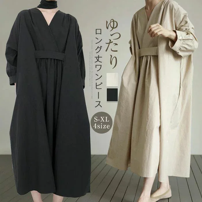 ワンピース レディース 長袖 春 秋 ノーカラー ワンピース ロング丈 大きいサイズ ロング丈 ワンピース 羽織り 秋 春 ゆったり ビッグシルエット オシャレ シンプル カジュアル 着回し きれいめ
