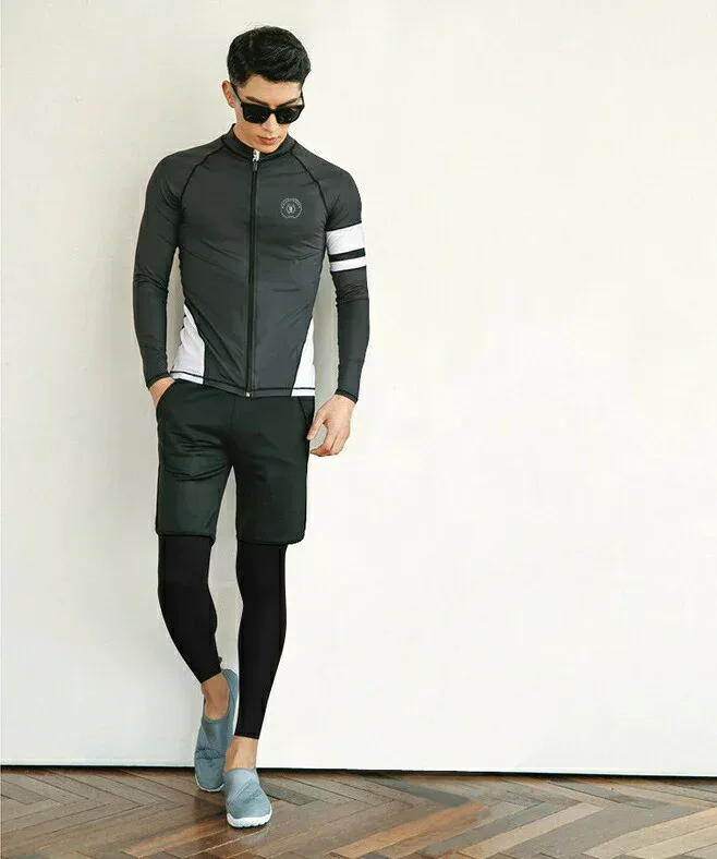 men's パーカー ラッシュガード 3点セット 水着 ハーフパンツ レギンス セットアップ メンズ お揃い ペアルック ウェットスーツ 上下