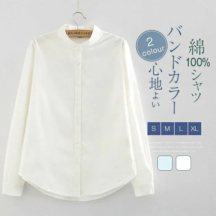 シャツ ガーゼシャツ 長袖 レディース 無地 立ち襟 コットン100% シャツ ブラウス 春 秋 綿100% スタンドカラー ノーカラー コットン シャツブラウス 秋 チュニック 白 大きいサイズ 羽織り 通勤 オフィス ビジネス シンプル ベーシック トップス 30代 40代 50代