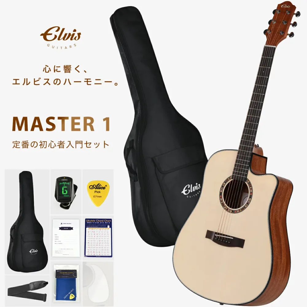タイムセール【初心者セット8点】ELVISエルビス Master 1 アコースティックギター【スプルース材トップ×マホガニー材】【初心者入門8点セット:国内保証書・チューナー・ピックガード・コードチャート・ピック・ストラップ・ポリシングクロース・純正ギグバッグ】NT