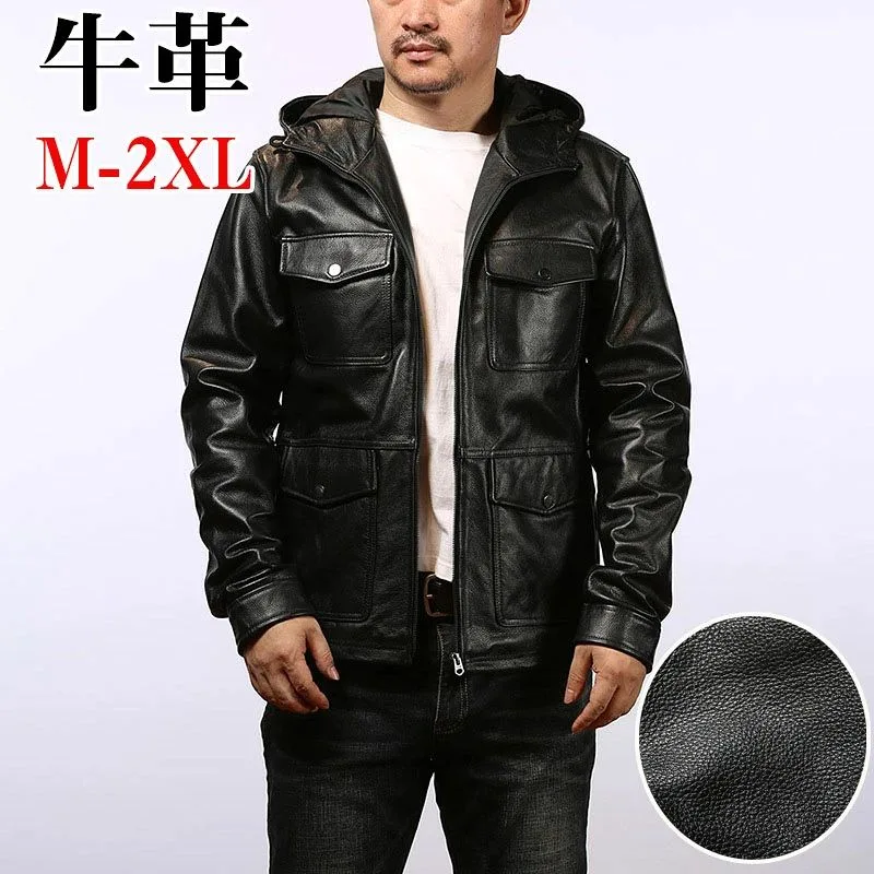 レザージャケット ライダースジャケット 牛革 バイクジャケット フード付き 本革 革ジャンM~2XL 本革ジャケット ブラック カウレザー