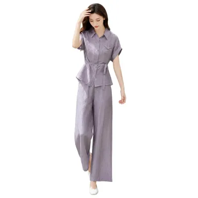 レディース セットアップ 半袖 夏服 上下セット ゆったり 体型カバー 着痩せ シャツ ワイドパンツ ロングパンツ 薄手 涼しい カジュアル きれいめ お出かけ 通勤 普段着 大きいサイズ