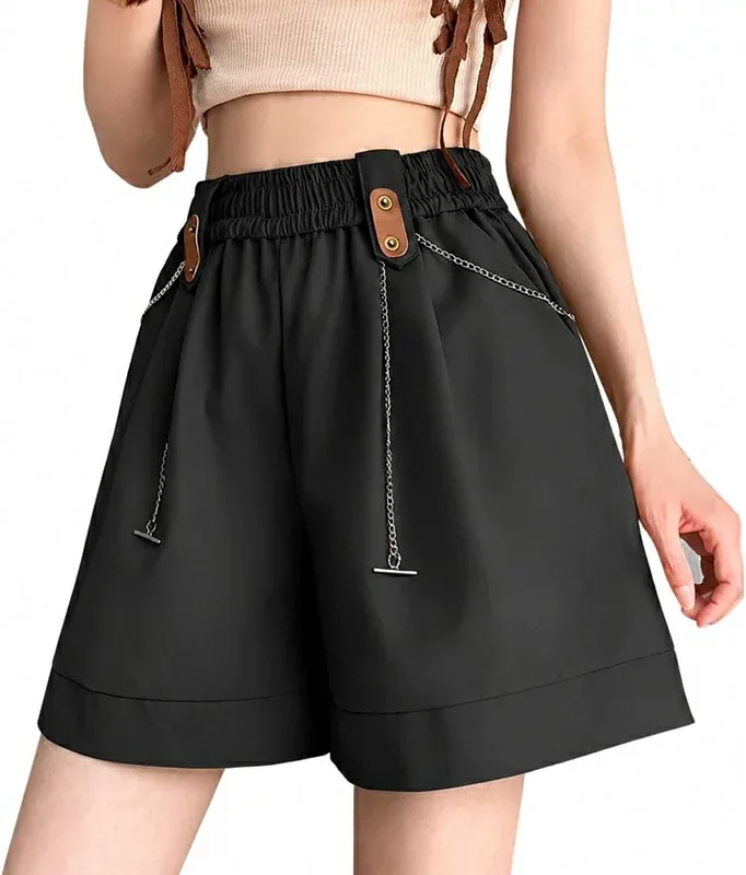 ショートパンツ レディース ハーフパンツ ハイウエスト Aライン キュロット ワイドショートパンツ チェーン付き ウエストゴム ゆったり 美脚 体型カバー カジュアル 韓国風 春