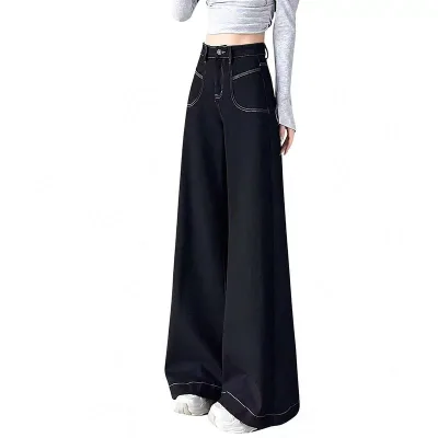 デニム ワイドパンツ レディース ハイウエスト ジーンズ ゆったり 体型カバー 美脚 ストレート ロングパンツ ステッチデザイン 落ち感 カジュアル 脚長効果 ジーパン 大きいサイズ おしゃれ 通学