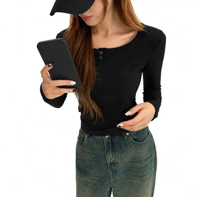 レディース 長袖tシャツ 着痩せ リブトップス ヘンリーネック カットソー スリム フィット 无地 シンプル カジュアル インナー トップス 春 秋 大きいサイズ おしゃれ