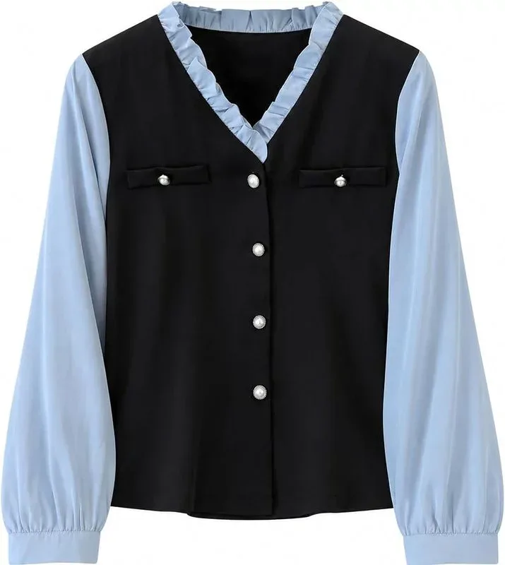 ブラウス レディース レイヤード風 バイカラー フリルVネック 長袖 きれいめ 体型カバー シフォン切り替え パールボタン 大人可愛い エレガント 通勤 オフィス 秋 ゆったり