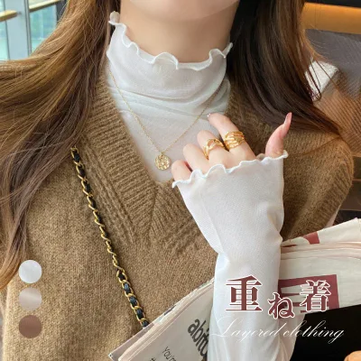 薄い Tシャツ メロウハイネック トップス タートルネック ハイネック カットソー フリル ミドル丈 長袖 レディース シースルー 春秋