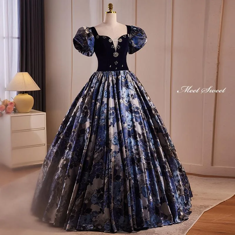 カラードレス プリンセスライン ネイビー 花柄 パフスリーブ 半袖 ロングドレス ウェディングドレス 結婚式 二次会 花嫁 前撮り 演奏会 発表会 ステージ衣装