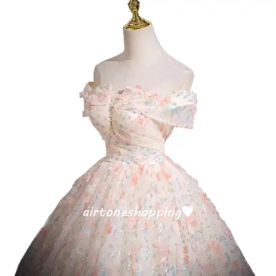 送料無料 演奏会ドレス ロングドレス オフショルダー ピンク 花柄 可愛い オシャレ イブニングドレス 発表会ドレス演出服 コンサート コンクール コンテスト ビーズ パール スパンコール パーティードレス 成人式ドレス 同窓会 Aライン XS S M L XL XXL XXXL