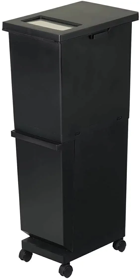 ユニード 分別スリム2段 55L(32L+23L) ブラック【分別 ダストボックス ごみ箱 縦型 キャスター付 2分別】