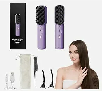 【中古】【未使用】ヒートブラシ コードレス ポータブルコードレスミニヘア矯正コームストレートヘアアイロン USB 充電高速加熱 調整可能な温度電気ホットコームミ