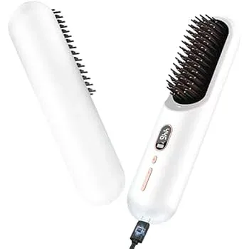 【中古】【未使用】コードレスストレートヘアアイロンブラシ-ホワイト