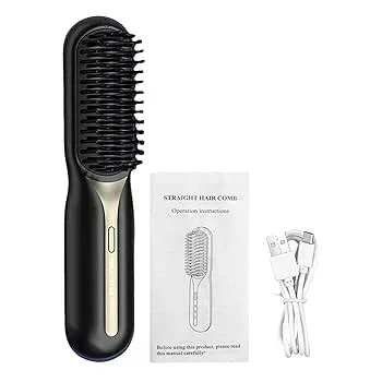 【中古】【未使用】ストレートヘアアイロンブラシ - ポータブル電動ヘアブラシ、コードレスコーム |マイナスイオン充電式ストレートブラシ、女性用ポータブルヘアス