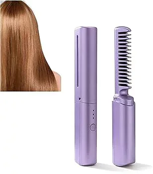 【中古】【未使用】ヒートブラシ コードレス ヘアアイロン ストレートブラシ 充電式 3段温度調整 160〜200℃ カールコーム付き マイナスイオン 充電式ヘアアイロン