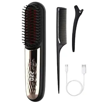 【中古】【未使用】ストレートヘアアイロンブラシワイヤレスストレートヘアアイロン USB 充電式ポータブルヘアストレートコーム女性旅行