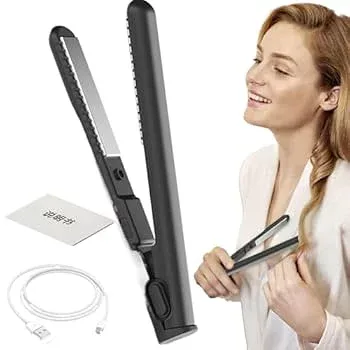 【中古】【未使用】トラベルヘアアイロン、ストレートヘアアイロン、カーラー 2 in 1 | ポータブルヘアアイロン、コードレスヘアアイロン - USB 充電 2-in-1 カーリ