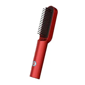 【中古】ヘアアイロンブラシ レッド ミニ ストレート コードレス 充電式 ヒートブラシ カール 恒温200度 ブラシ