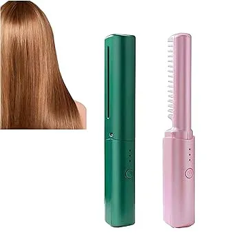 【中古】2個アイロン 縮毛矯正コーム ストレートブラシヘアアイロン ヒートブラシ コードレス 充電式ヘアアイロン3段階温度調節 USB充電式 静電気防止 デ