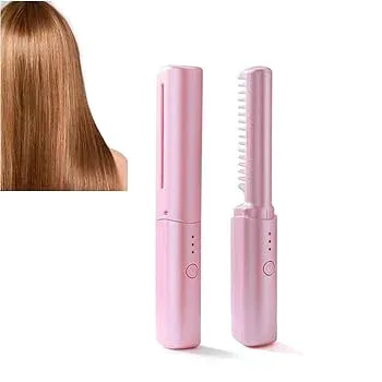 【中古】充電式ミニヘアアイロン,ポータブルワイヤレスミニストレートコーム,2 in 1 火傷防止ストレートアイロン ブラシとカーラー USB 充電式ヘアアイロ