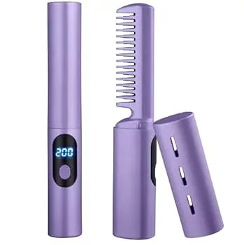 【中古】ヘアアイロン ヒートブラシ コードレス ストレートアイロンワイヤレス 持ち運び USB充電式 デジタル表示 360度回転コード 静電気防止