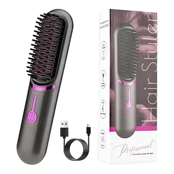 【中古】ヘアアイロン ストレート コードレス ブラシ型 usb充電式 ミニ 女性 メンズ 美容コーム、カール・ストレート両用ヘアアイロン、ラージウェーブエ