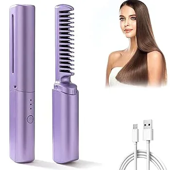 【中古】充電式ミニヘアアイロン ヒートブラシ コードレスポータブルヘアアイロンブラシ, コードレスヘアアイロンブラシ, 2 In 1 トラベルヘアストレート