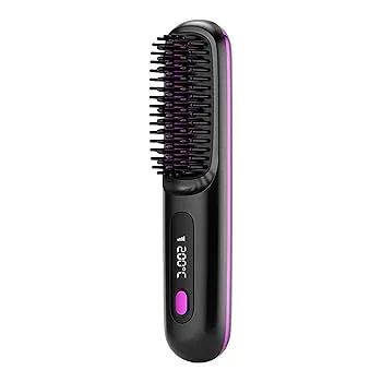 【中古】ストレートヘアアイロンコーム、コードレスヘアストレートブラシ | USB 充電ホットブラシ、3 つの加熱設定、コードレス、LCD ディスプレイ付き,3