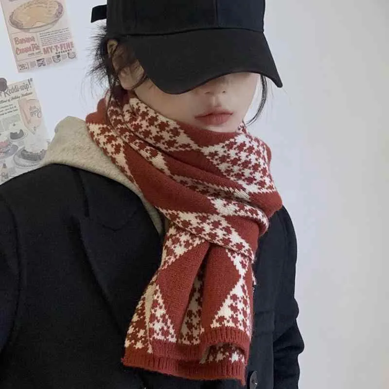 マフラー ストール レディース レッド 赤色 冬物 厚手 ニット 毛糸 アクリル チェック柄 保温 防寒 あったか スクール風 韓国風 オルチャン かわいい 学生向け ネックウォーマー