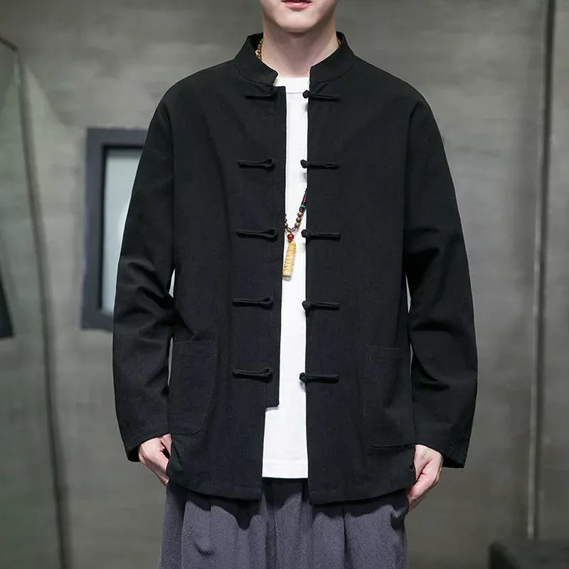 シャツ メンズ 綿麻 長袖 中華風 改良型漢服 新チャイナ 唐装 チャイナボタン トップス 羽織り カジュアル 春秋