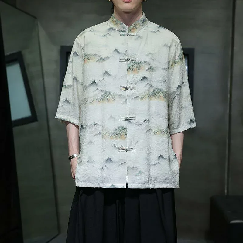 シャツ メンズ 大きいサイズ ゆったり 中国風 チャイナ風 半袖 唐装 漢服 新中式 プリント 夏物 ポリエステル カジュアル 普段使い
