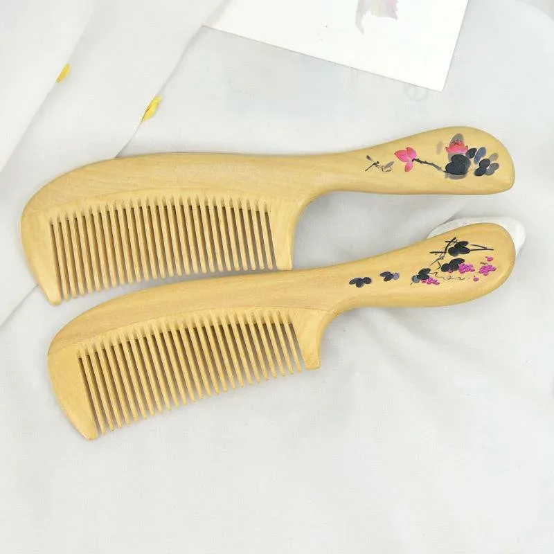 木櫛 男女兼用 ユニセックス 黄楊木 つげ 3D彩色 3Dペイント 柄付き 取っ手付き 粗目 細目 粗細両用 携帯用 ポータブル 旅行用 普段使い 日常使い マッサージ