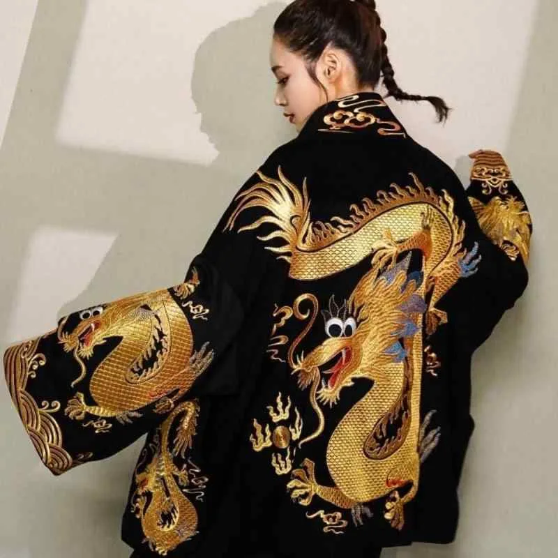 羽織り メンズ 中国風 民族衣装 金龍柄 アウター ガウン ジャケット ステージ 舞台 演出服 ポリエステル 麻混紡 カジュアル 黒 ブラック 秋