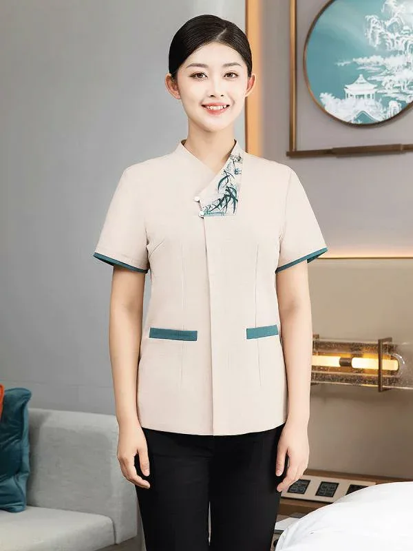 制服 レディース 夏用 清掃員 作業着 半袖 ユニフォーム ホテル 旅館 ビル管理 マンション清掃 客室業務 受付 モデルルーム スタンドカラー 吸湿速乾 ポリエステル グレー グリーン ベージュ