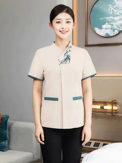 制服 レディース 夏用 清掃員 作業着 半袖 ユニフォーム ホテル 旅館 ビル管理 マンション清掃 客室業務 受付 モデルルーム スタンドカラー 吸湿速乾 ポリエステル グレー グリーン ベージュ