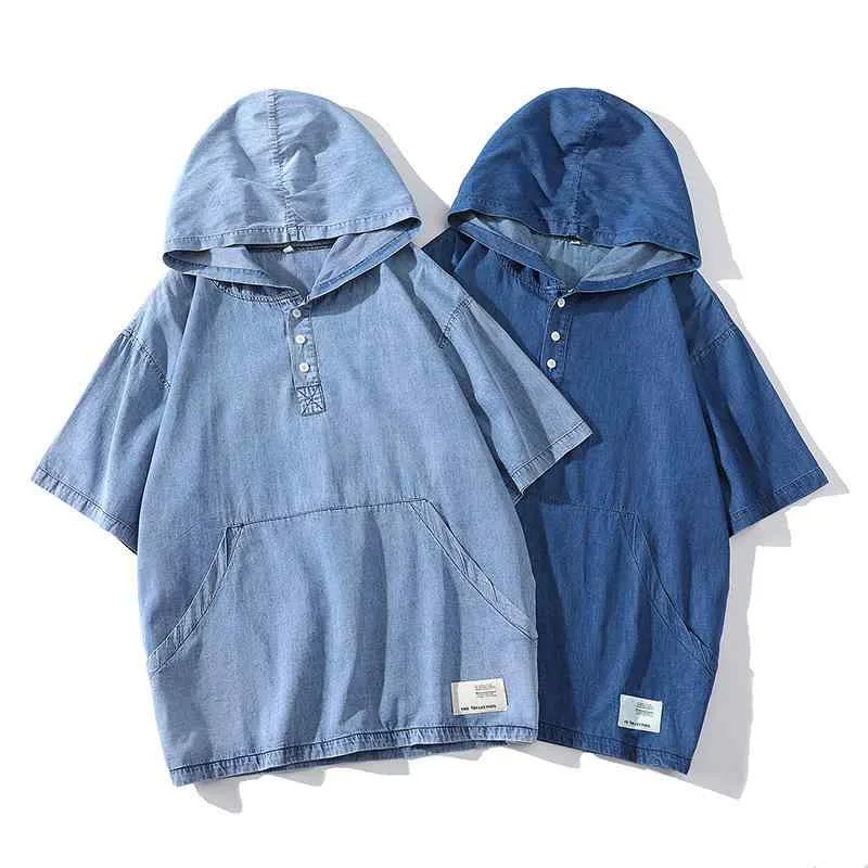 Tシャツ メンズ 半袖パーカー 綿100% デニム ビッグシルエット オーバーサイズ ゆったり プルオーバー 韓国風 ストリート カジュアル 春夏 ブルー 無地 アップリケ