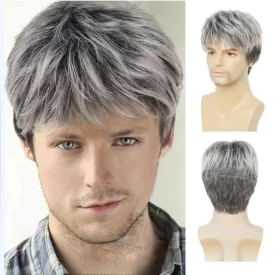 ウィッグ メンズ 男性用 フルウィッグ ショート レイヤーカット 自然な分け目 グレー 耐熱ファイバー 人工毛 欧米風 イメチェン 普段使い 軽量 簡単装着