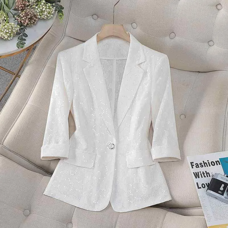 Tailored Jacket Blazer Ladies Women's Thin Lightweight Polyester Sequin Lace 3/4 Sleeve Slim Fit For Petites Commuting Office Business Classy Elegant Pretty Spring Summer White Pink Black